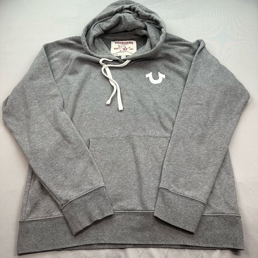 True Religion Sweater Mens 2XL Gray Hoodie Quilted Casual Kangaroo Grunge